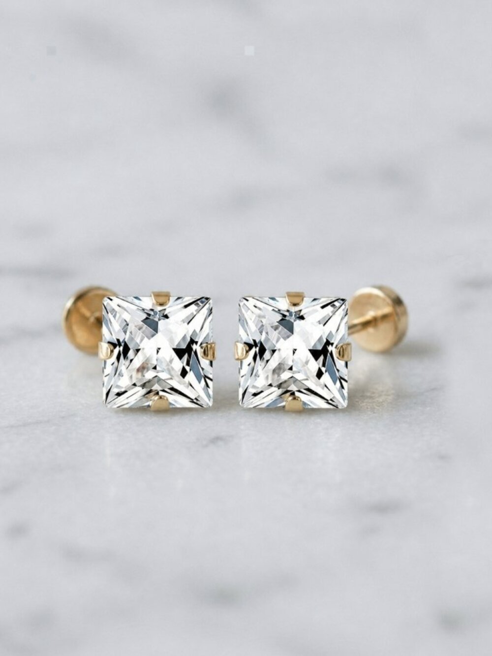 4mm Princess Cut CZ Stud Earrings, 14kt Gold Plated, Hypoallergenic Flat-Back